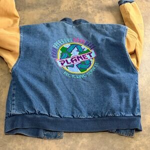 International Denim Varsity Jacket Mens XL Blue Tan Planet Recycling VTG *FLAW*